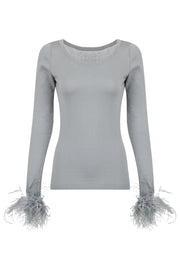 andreeva women's grey knit top with feathers