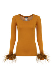 camel knit top with feathers