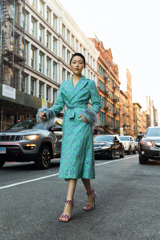 andreeva green coat with feathers