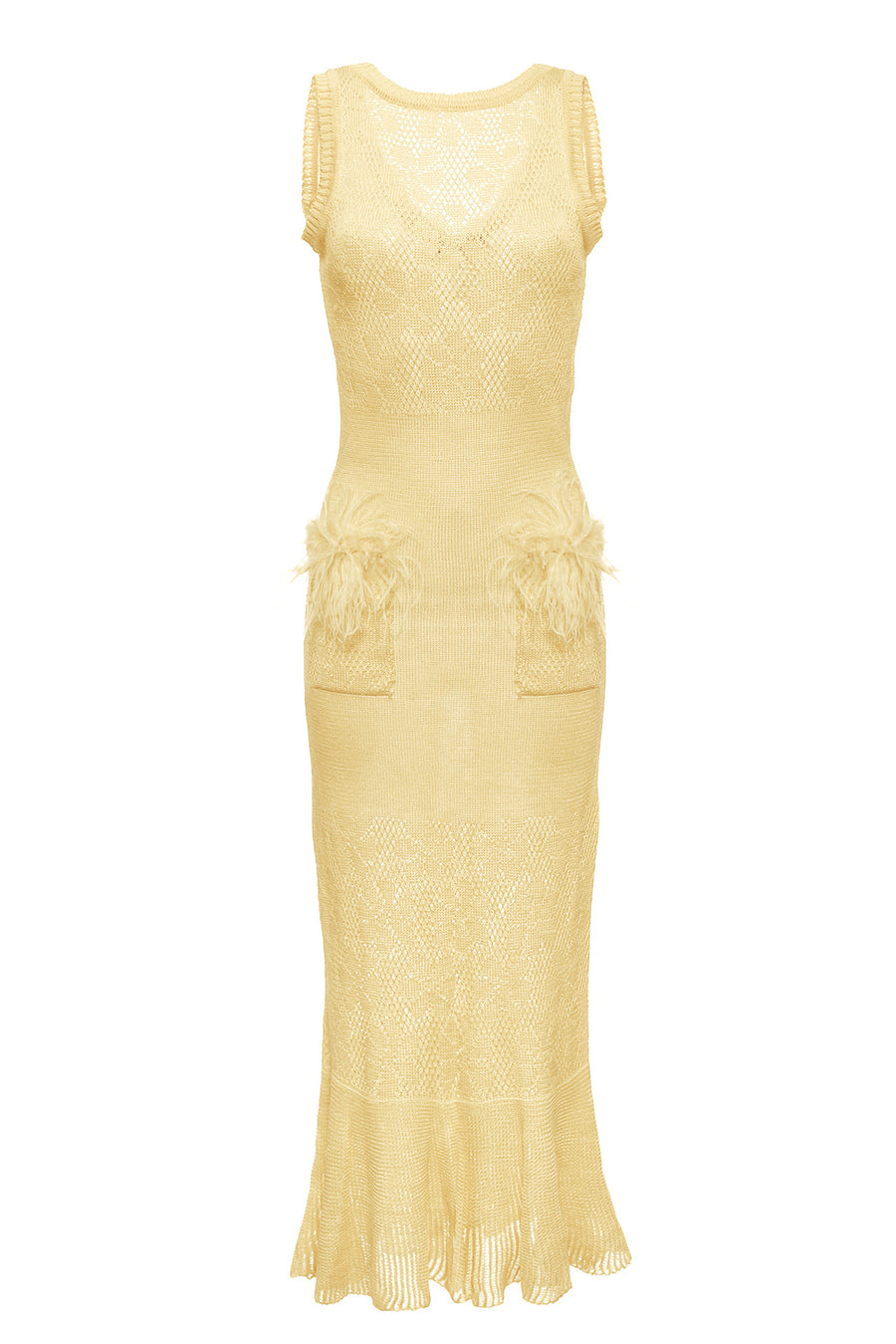 andreeva peach knit dress with feathers