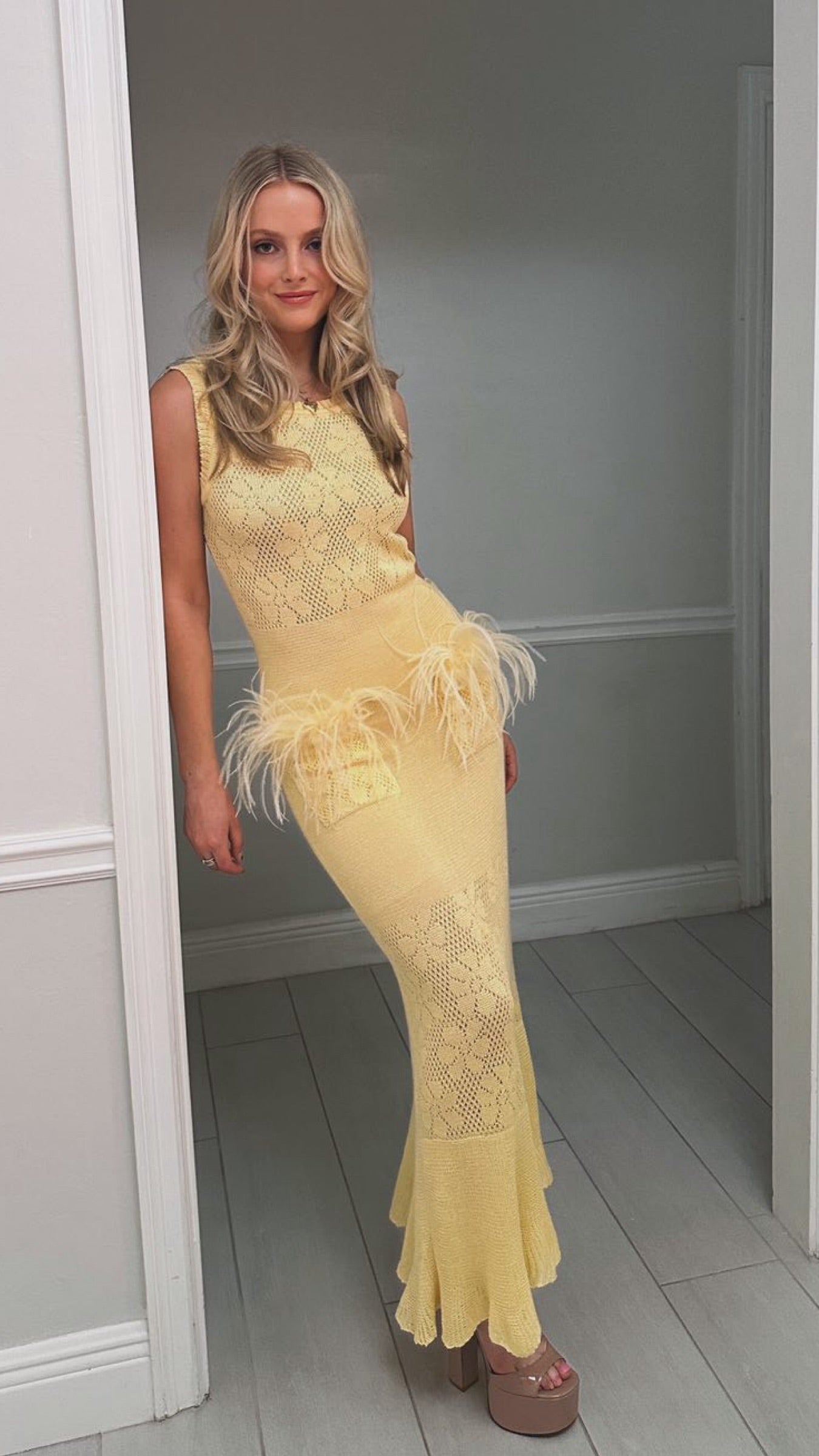 Butter Yellow Knit Dress With Feathers