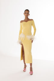 andreeva yellow knit top with feathers