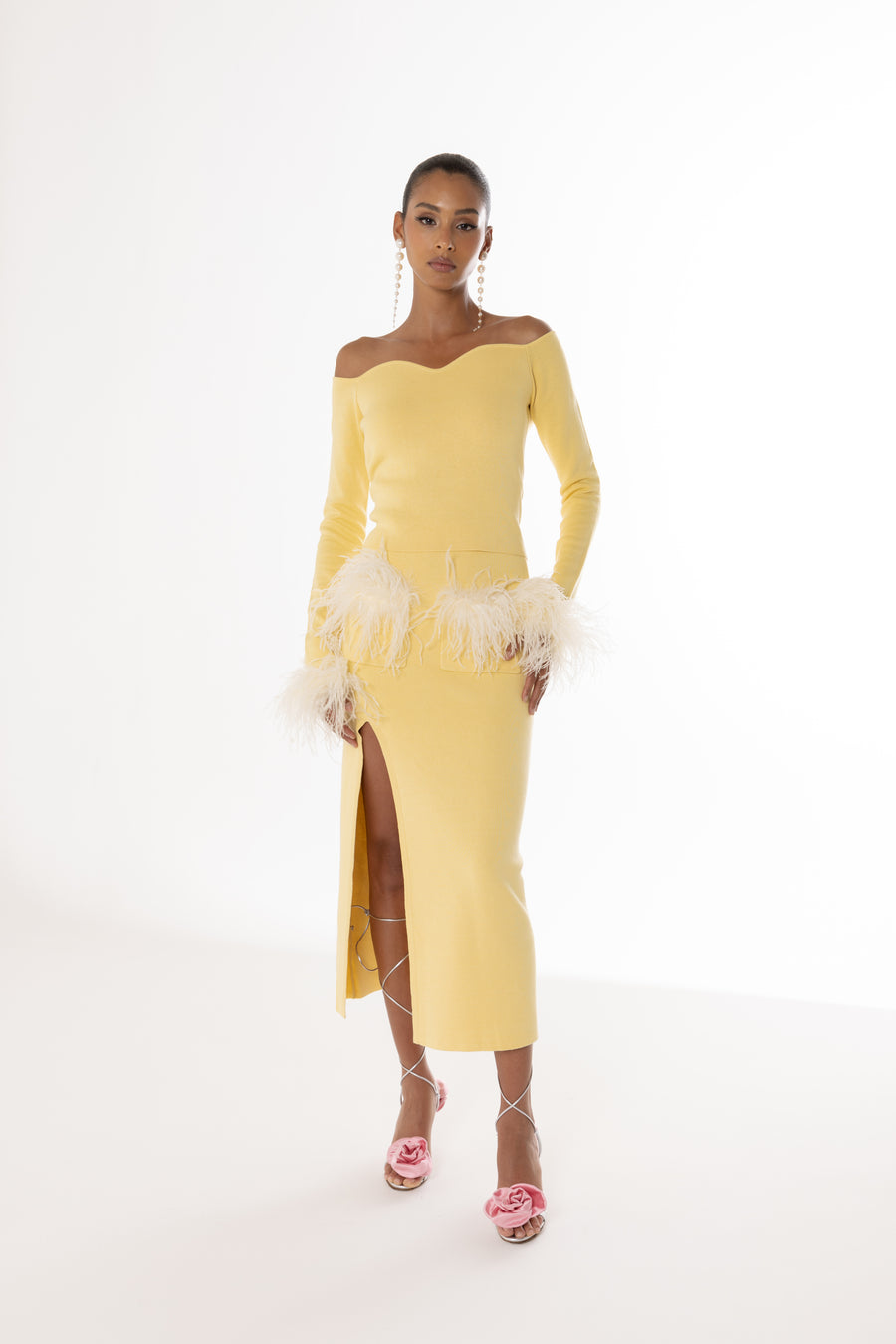 andreeva yellow knit top with feathers