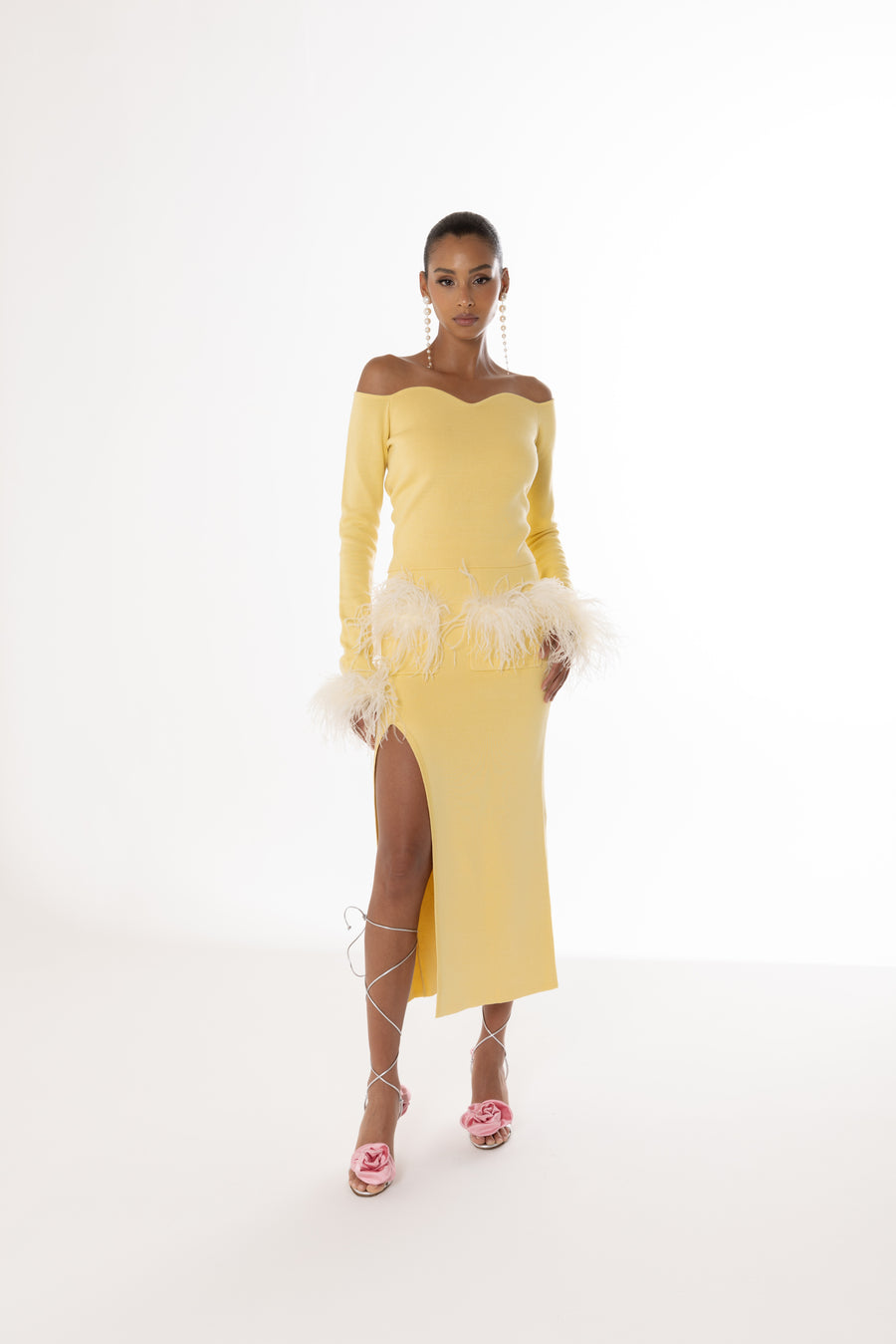 andreeva yellow knit top with feathers