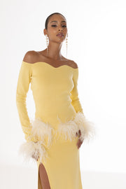 andreeva yellow knit top with feathers