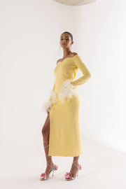 andreeva yellow knit top with feathers