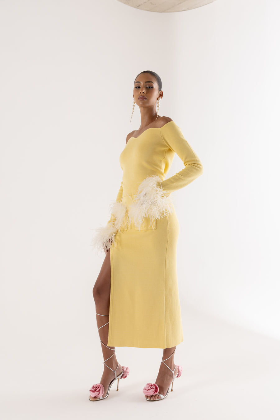 andreeva yellow knit top with feathers