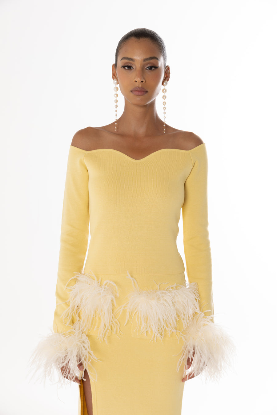 andreeva yellow knit top with feathers