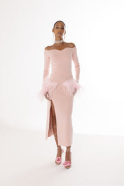 andreeva pink knit top with feathers