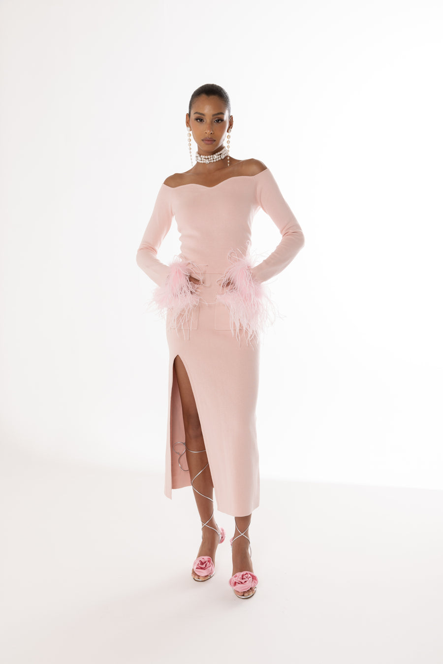 andreeva pink knit top with feathers