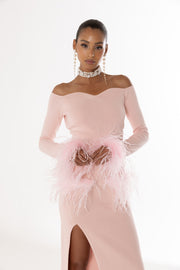 andreeva pink knit top with feathers