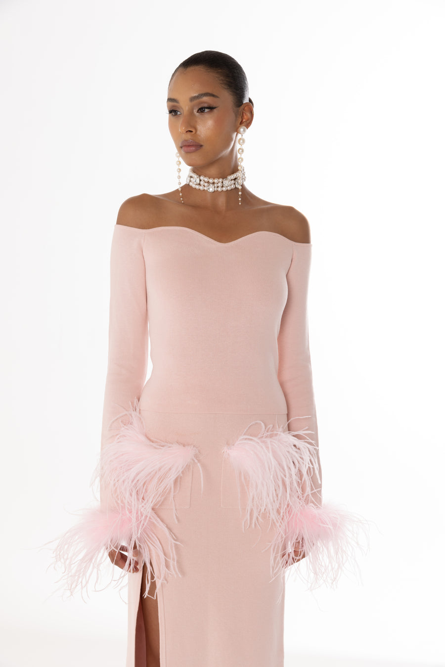 andreeva pink knit top with feathers