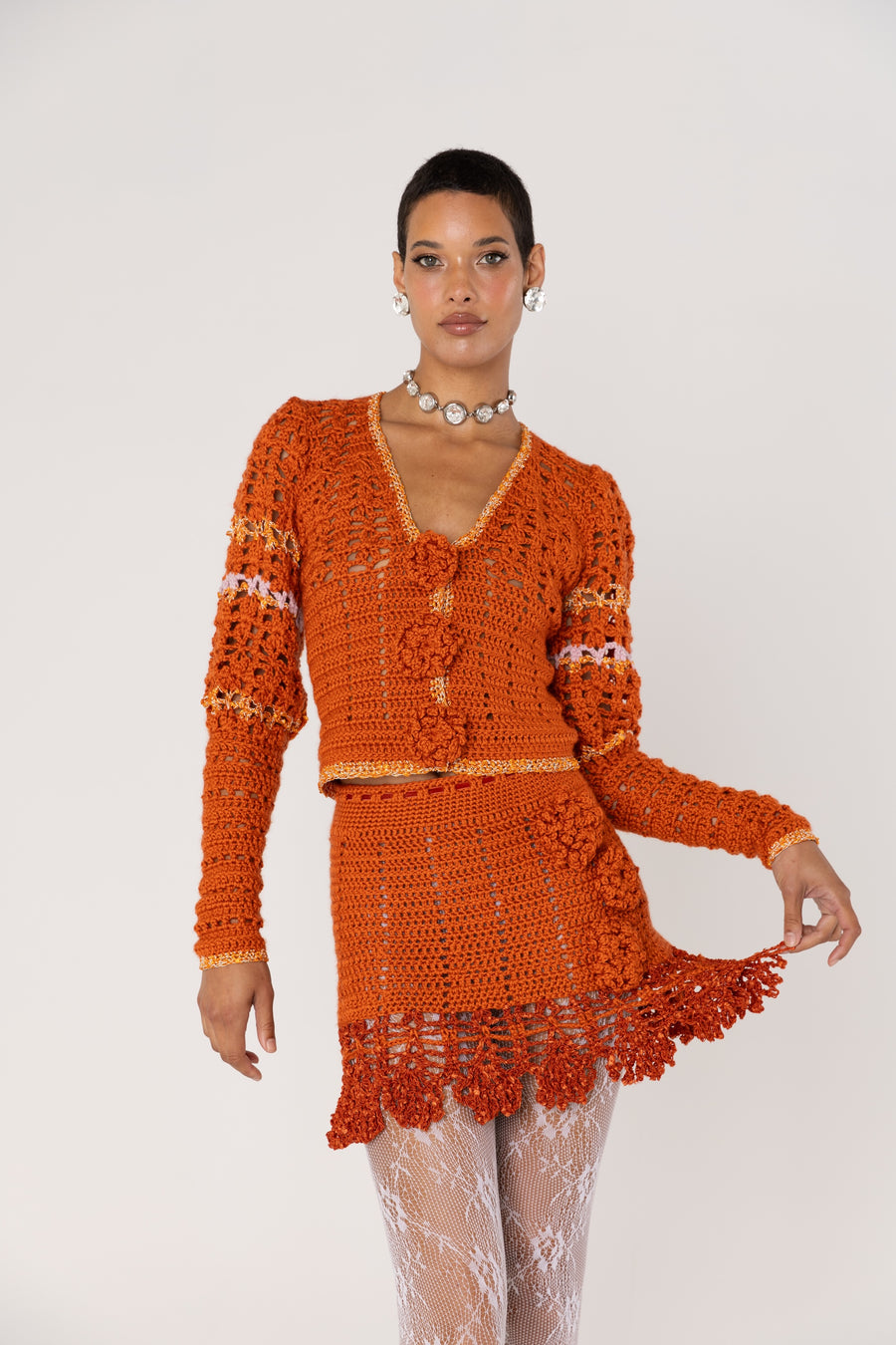 andreeva womens orange crochet cardigan