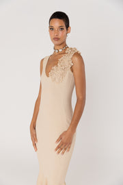 Chrysanthemum Beige Metallic Knit Dress With Handmade Emroidery