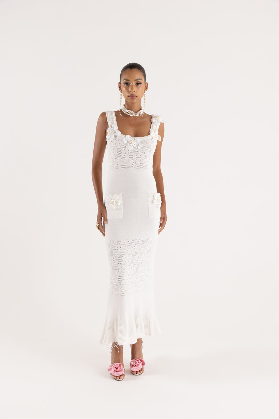 andreeva white knit dress with embroidery