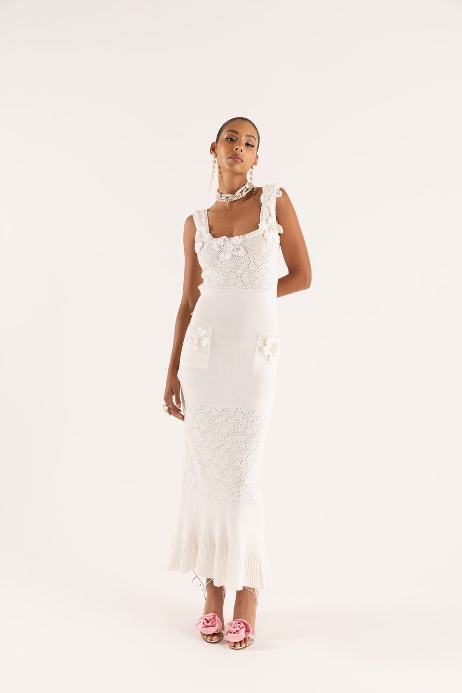 andreeva white knit dress with embroidery