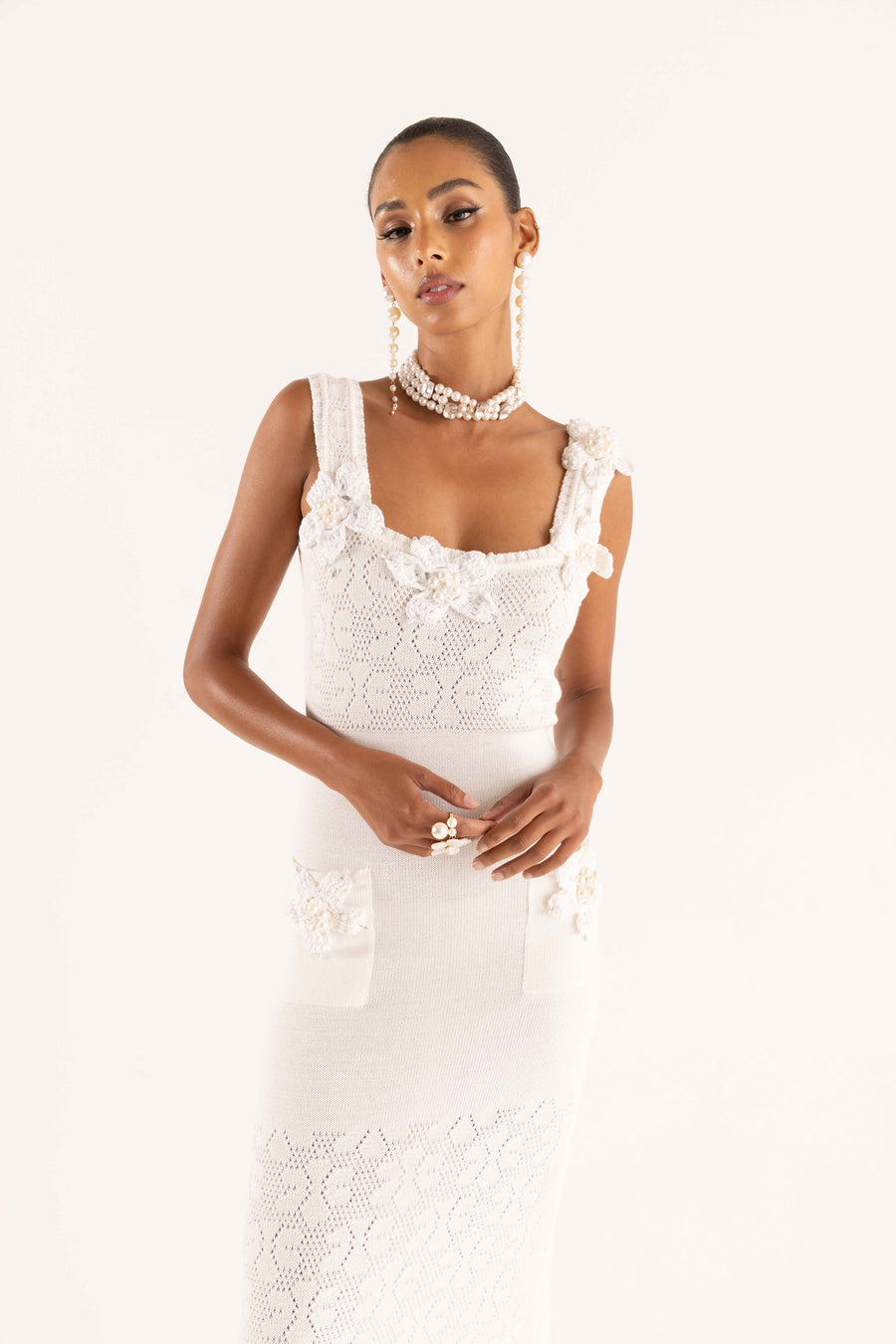 andreeva white knit dress with embroidery