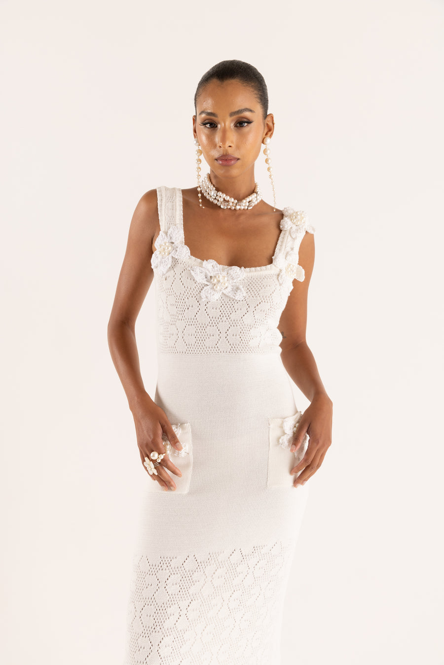 andreeva white knit dress with embroidery