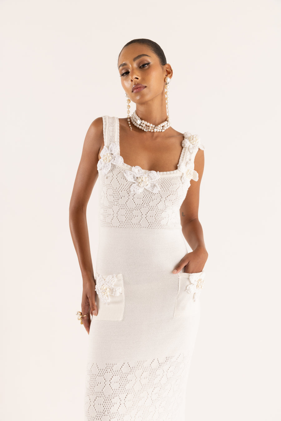 andreeva white knit dress with embroidery