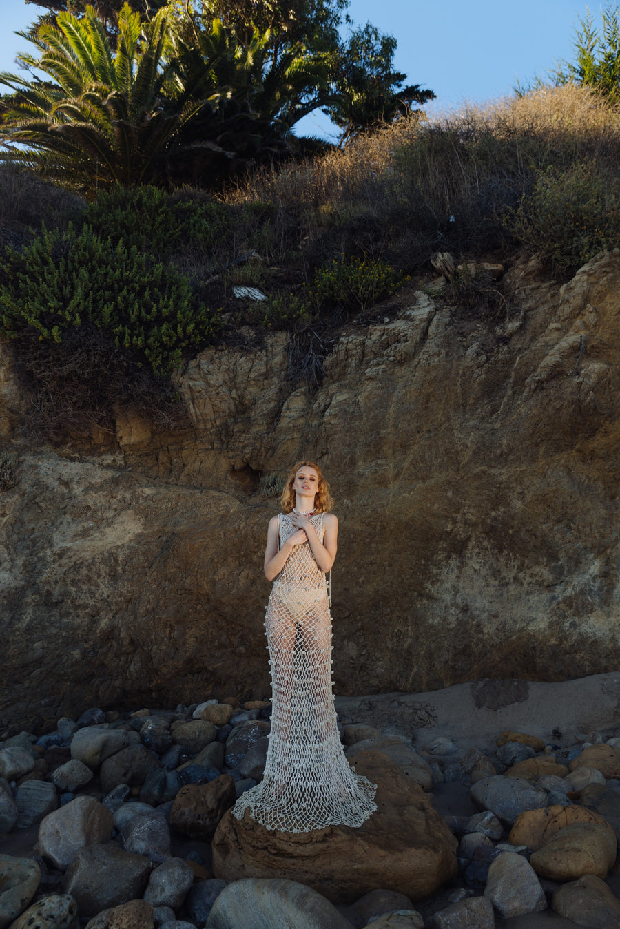 andreeva gold crochet maxi dress