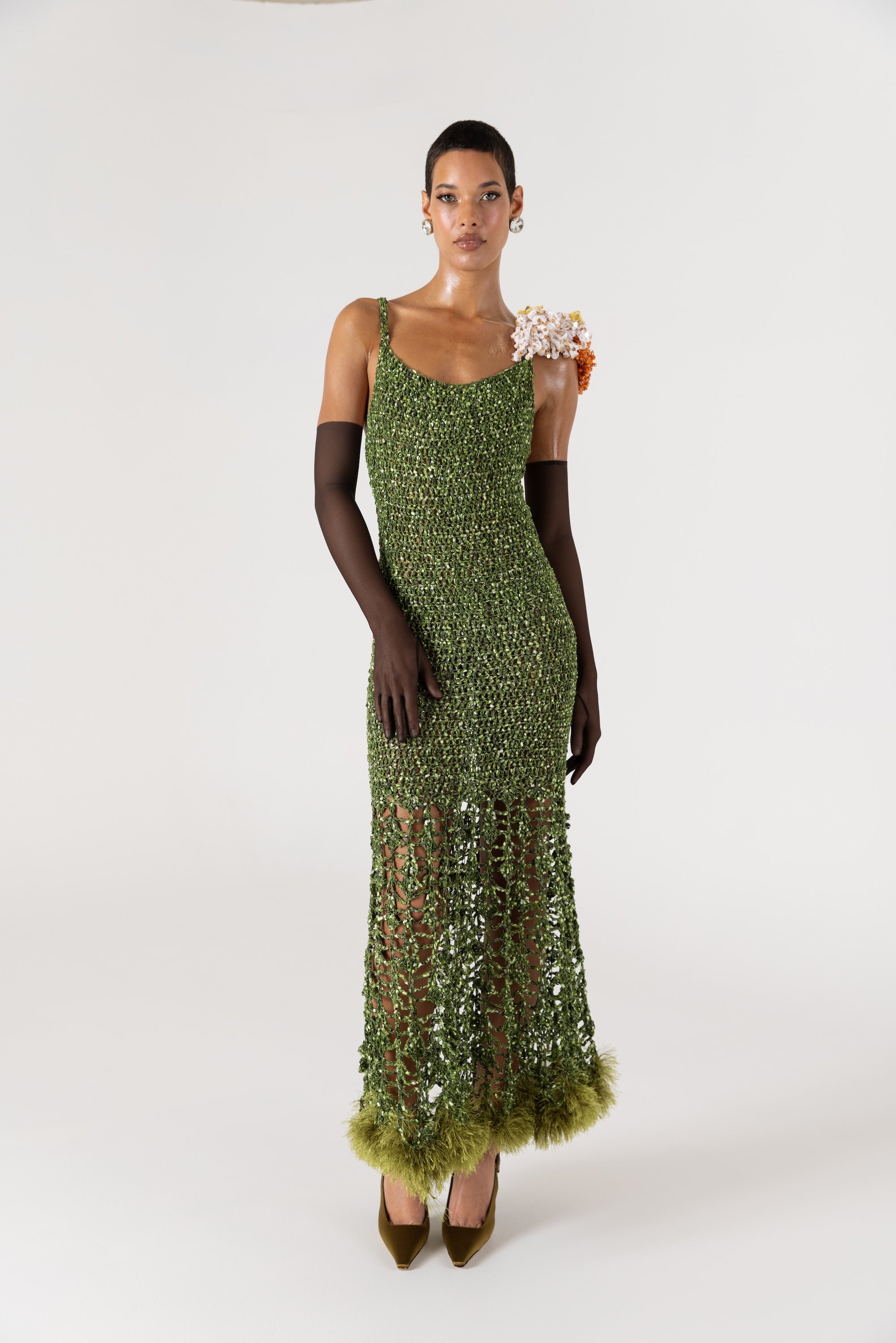 andreeva knit maxi green crochet dress