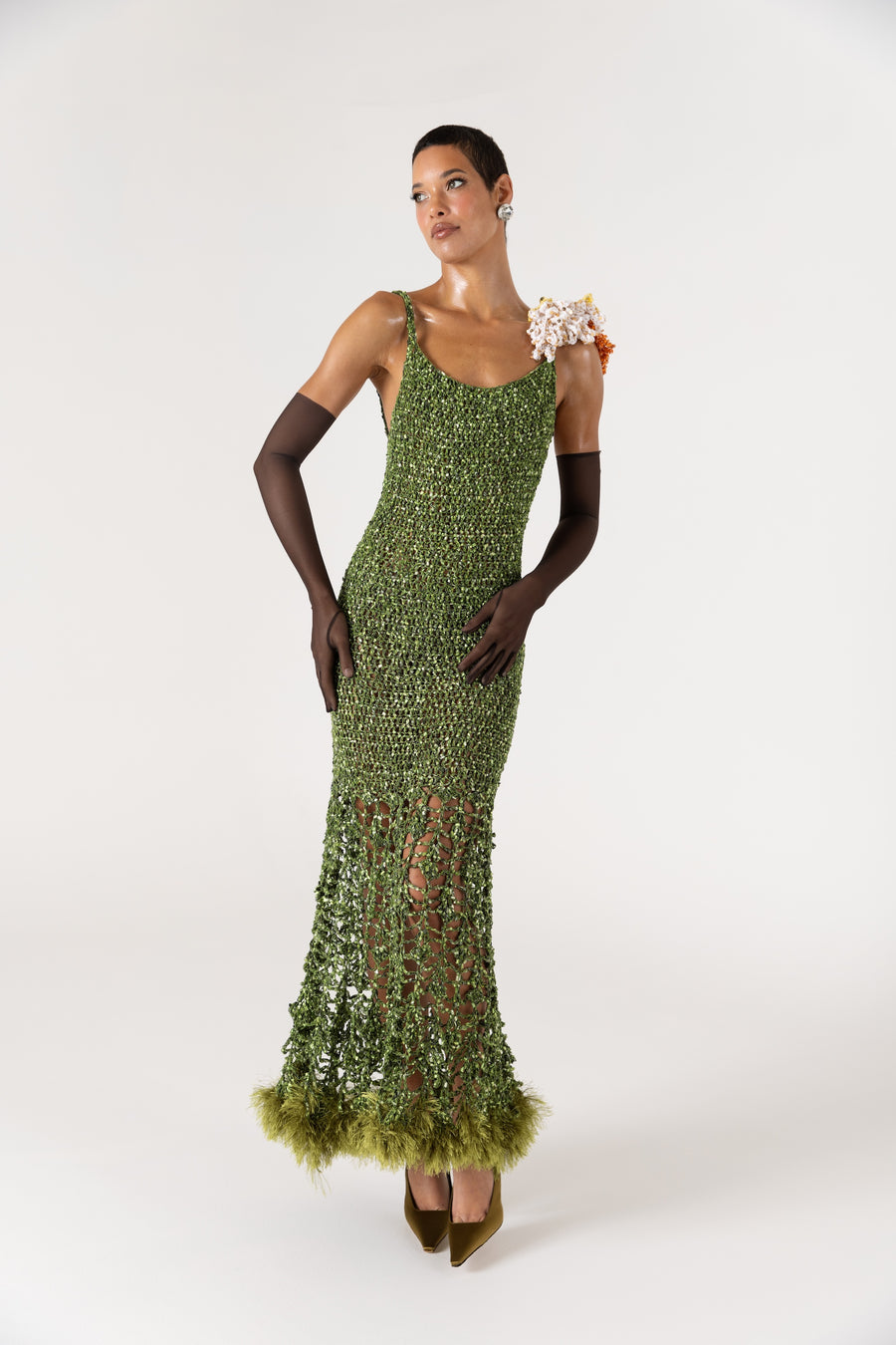 andreeva knit maxi green crochet dress