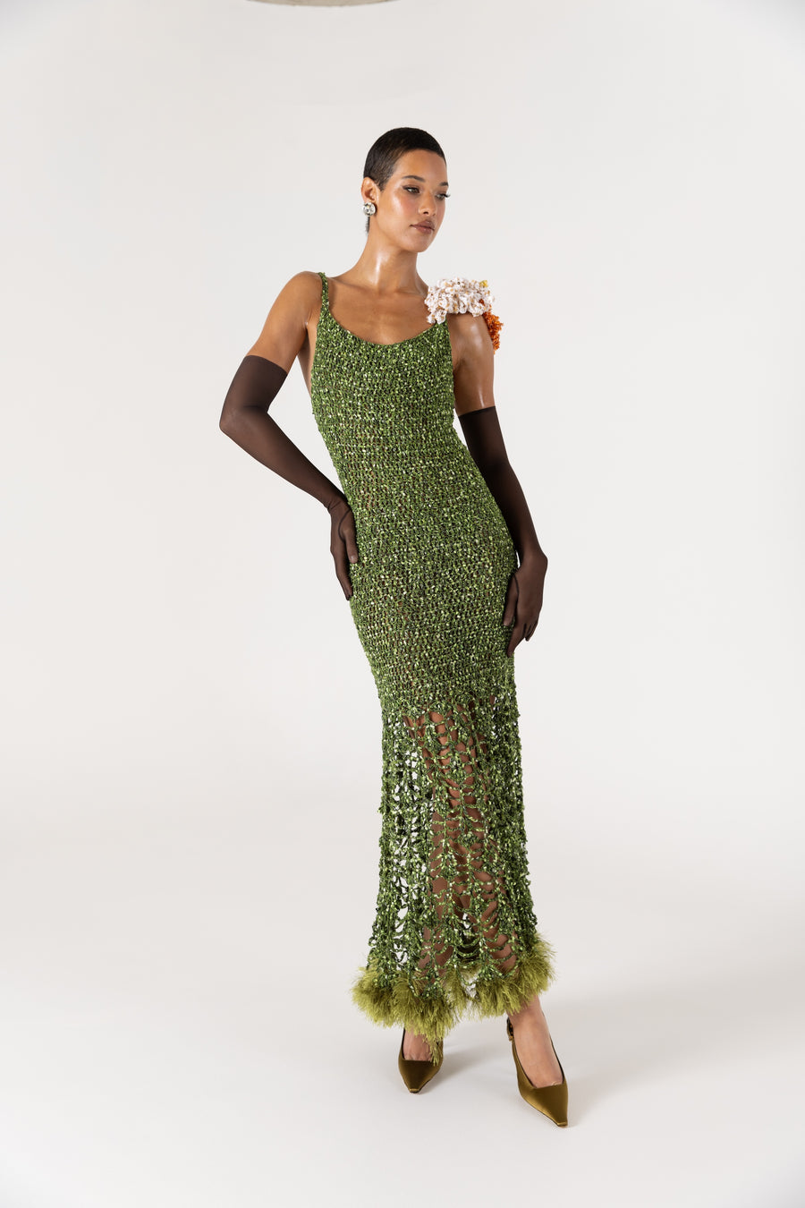 andreeva knit maxi green crochet dress