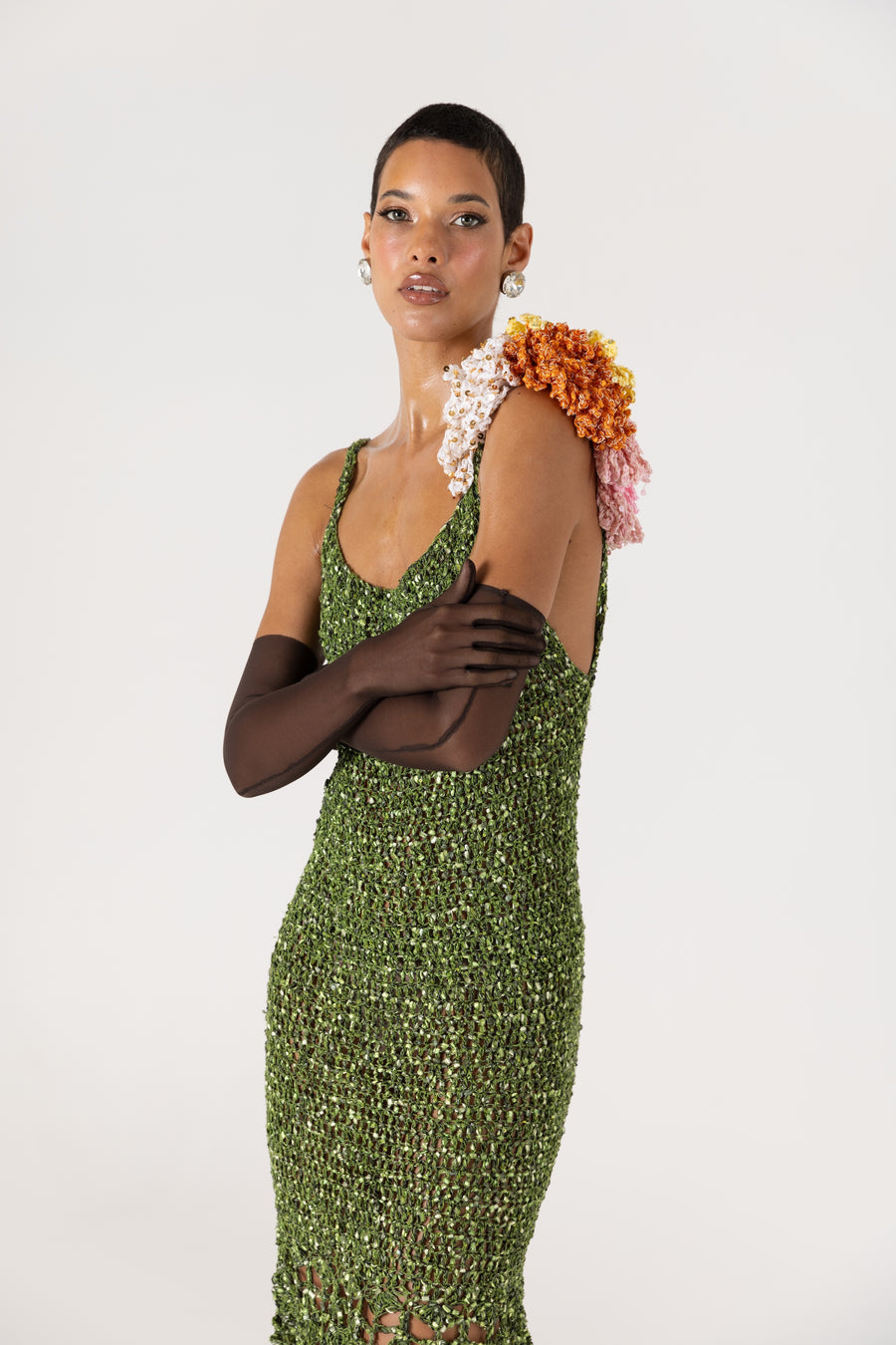 andreeva knit maxi green crochet dress