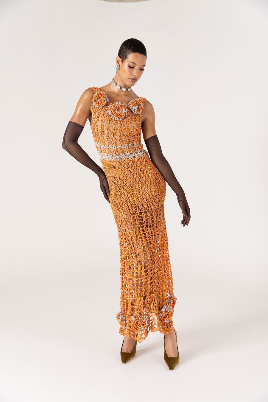 andreeva women's orange maxi crochet dress