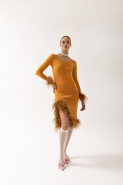 andreeva camel knit top with feathers