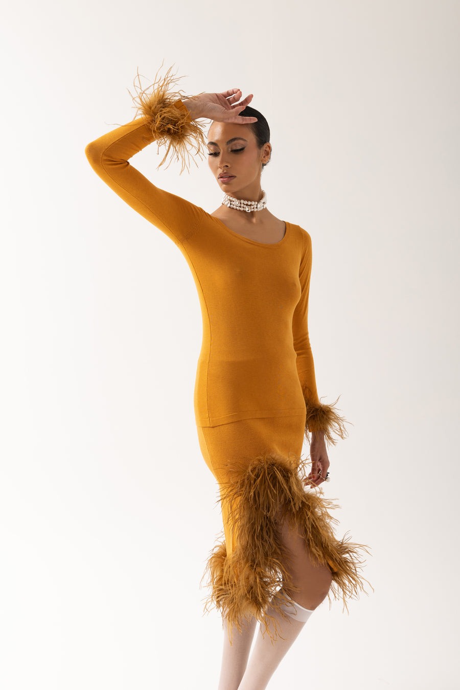 andreeva camel knit top with feathers
