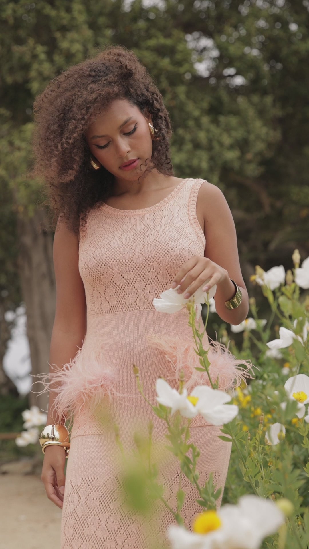 andreeva peach knit dress with feathers