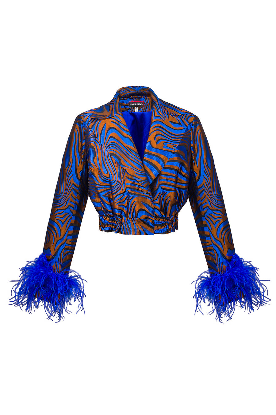 andreeva blue jacket with feathers