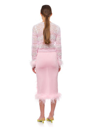 Pink Handmade Knit Sweater With Detachable Feather Details On The Cuffs and Pearl Buttons
