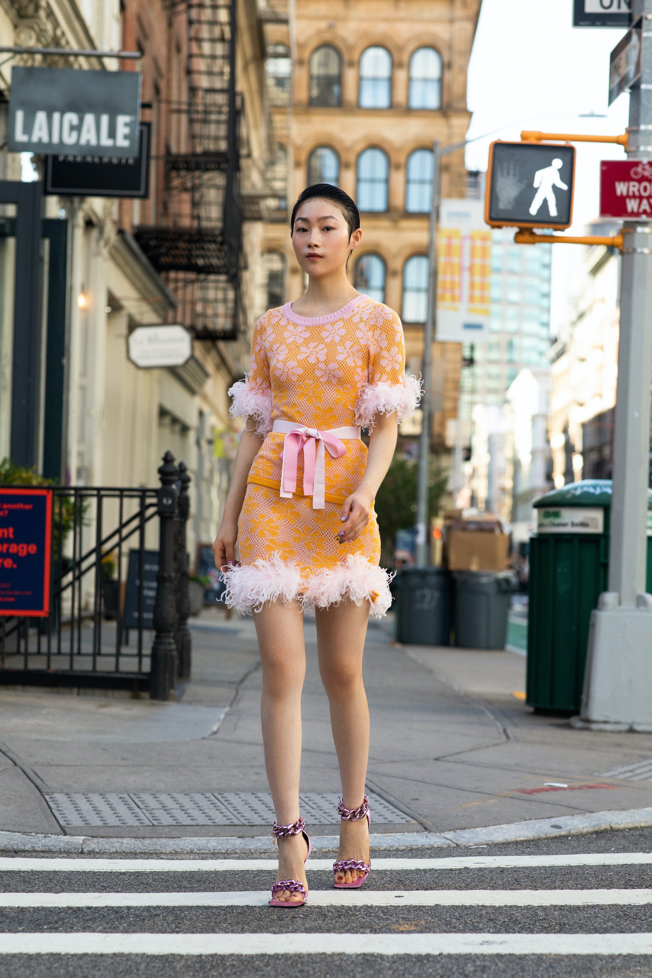 andreeva yellow knit skirt with feathers