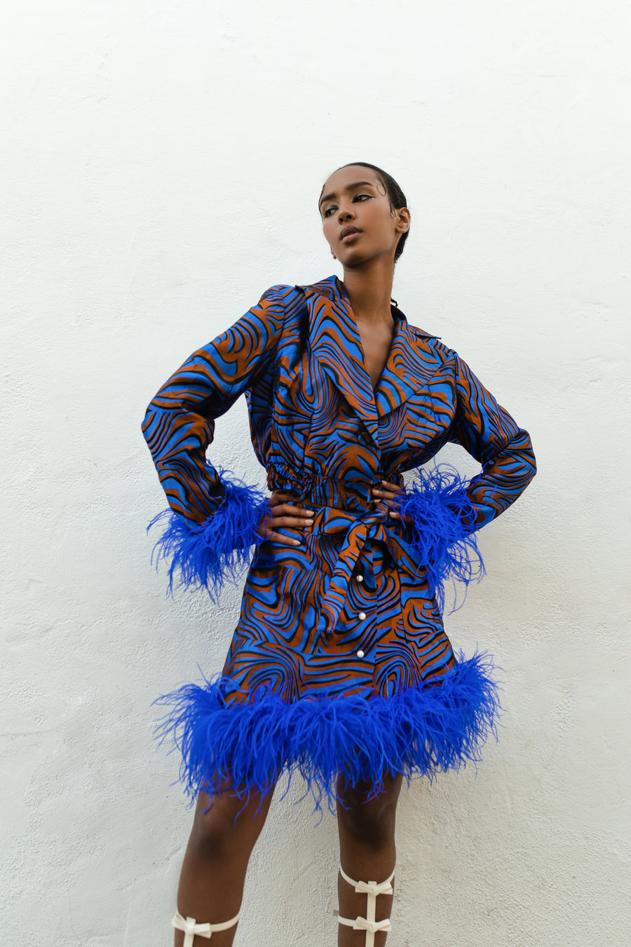 andreeva blue jacket with feathers