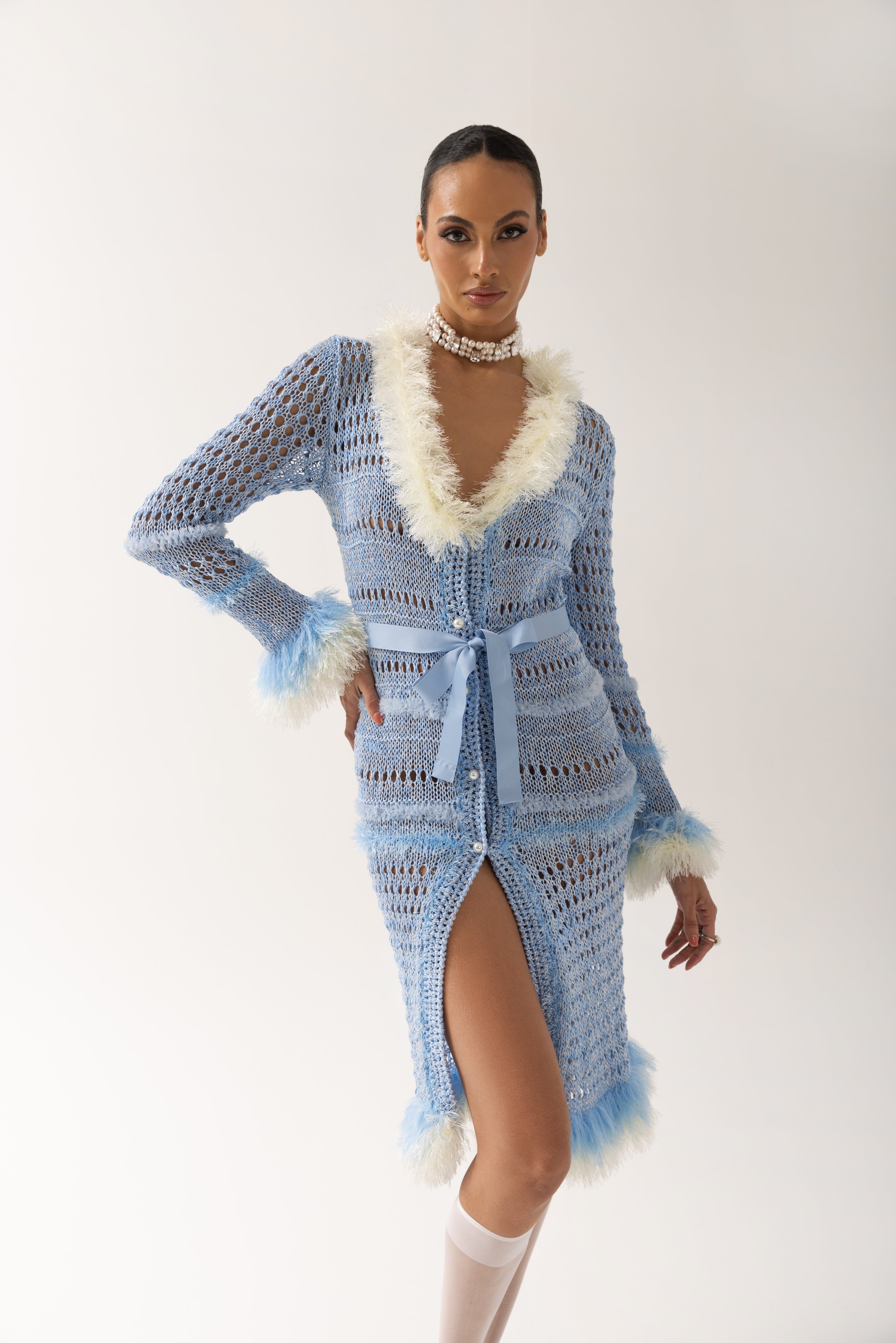 andreeva women's blue handmade knit cardigan-dress