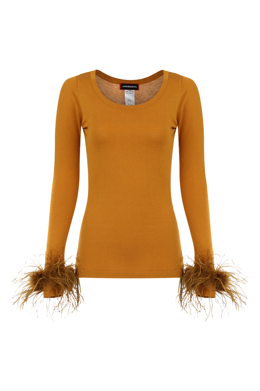 camel knit top with feathers