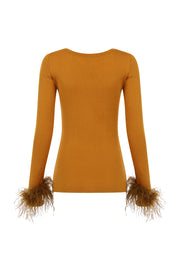 camel knit top with feathers
