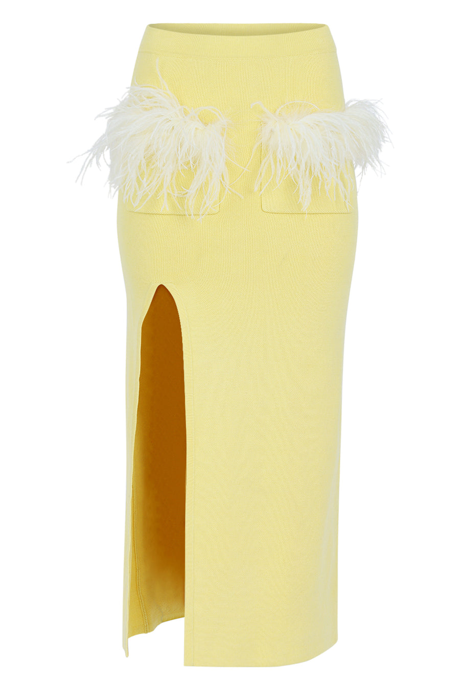 yellow knit skirt with feathers