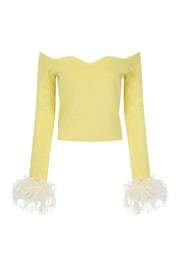 andreeva yellow knit top with feathers