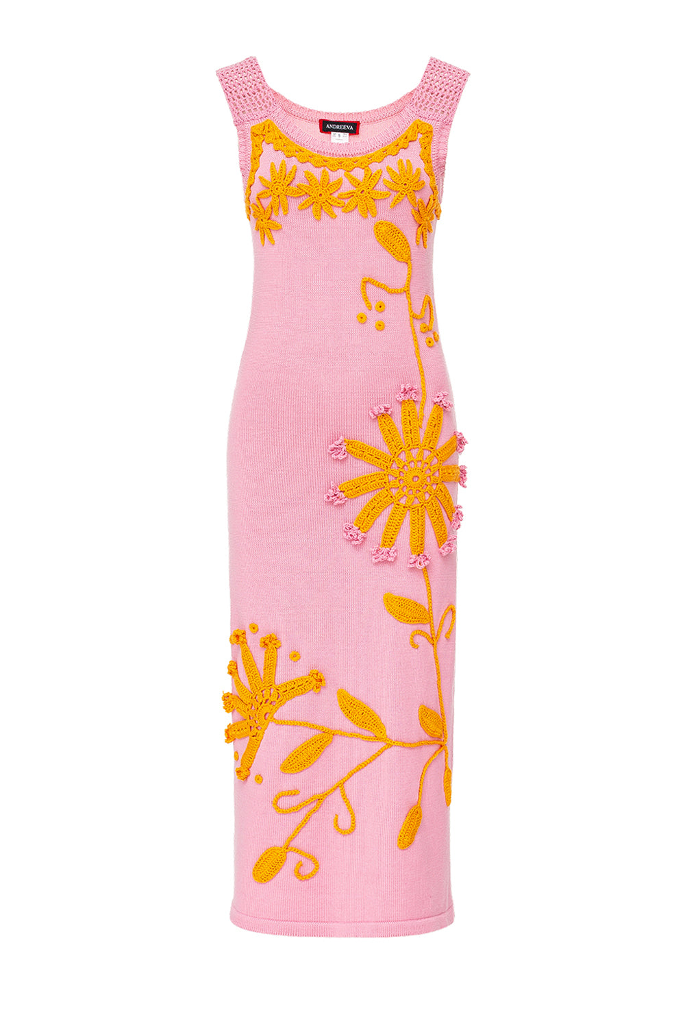 andreeva pink knit midi dress with embroidery