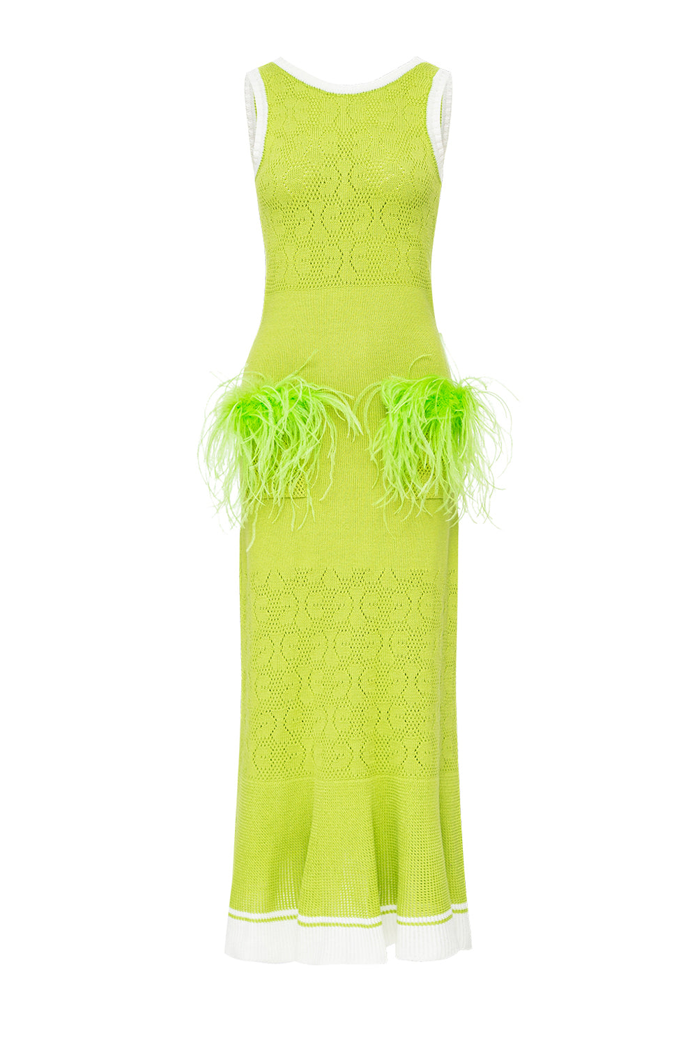 andreeva green knit dress with feathers