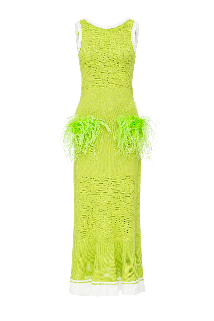 andreeva green knit dress with feathers