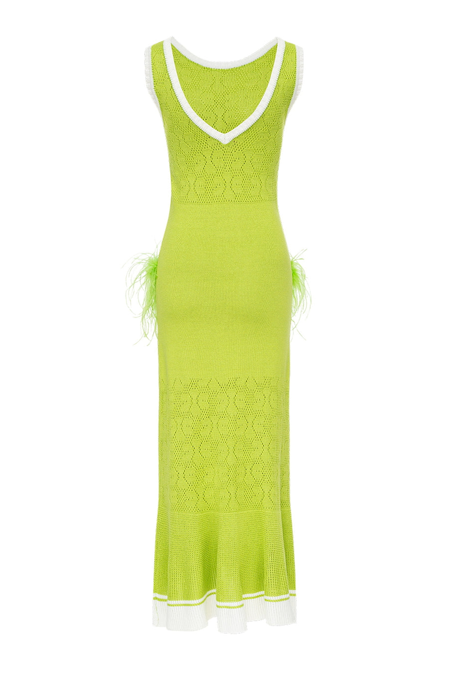 andreeva green knit dress with feathers