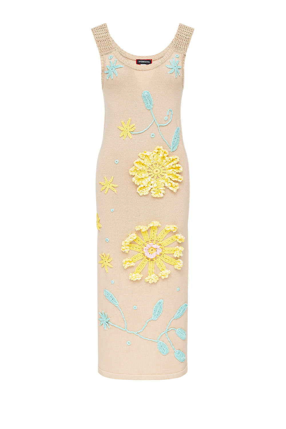 andreeva beige knit midi dress with embroidery