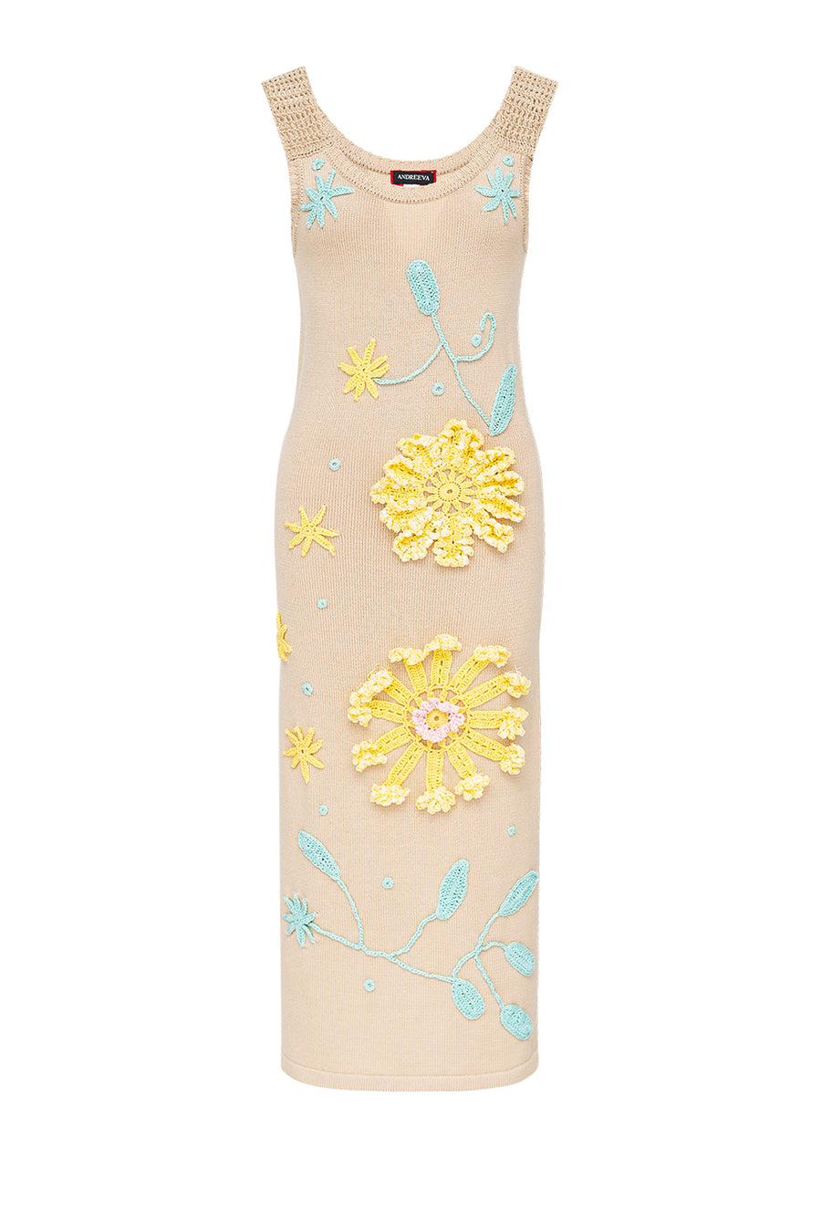 andreeva beige knit midi dress with embroidery