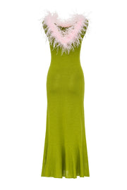 andreeva womens green knit dress with feathers