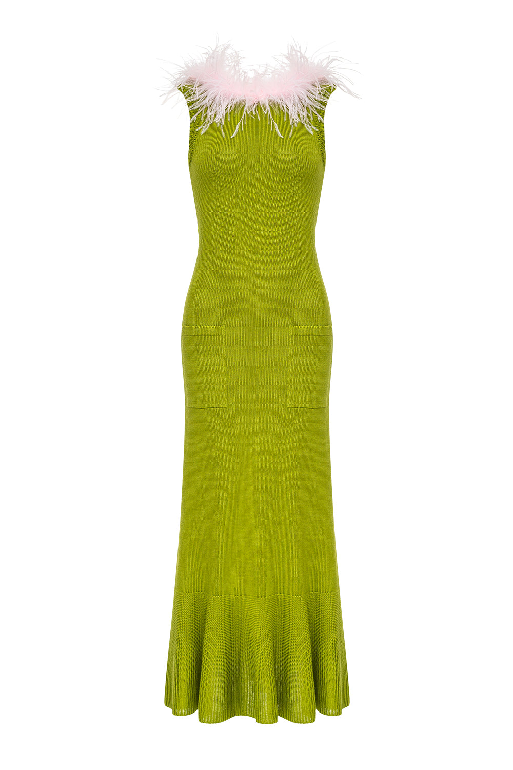 Chrysanthemum Green Knit Dress With Pink Real Ostrich Feathers Details