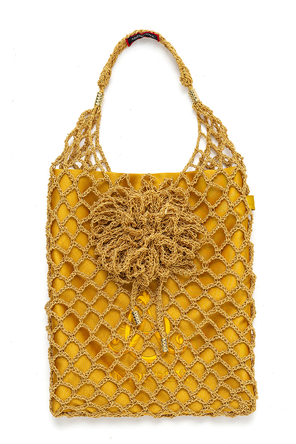 andreeva gold crochet tote bag